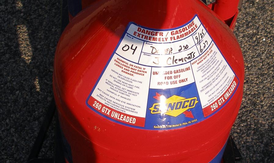 eleven gallons of racing gasoline ready to go