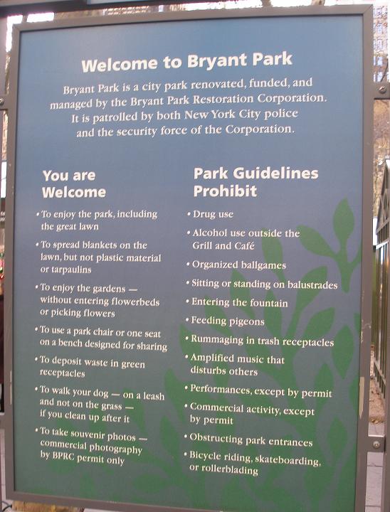 Bryant Park Rules